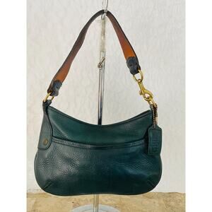 Vtg COACH dark teal small leather mini baguette bag purse 9604